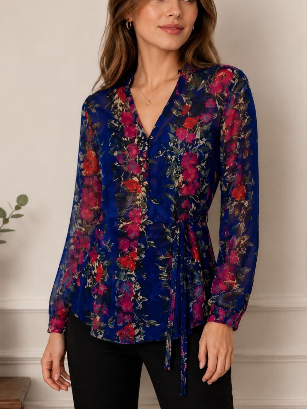 SERENGETI Floral Sheer Tie Waist Long Sleeve Peplum Festival Blouse